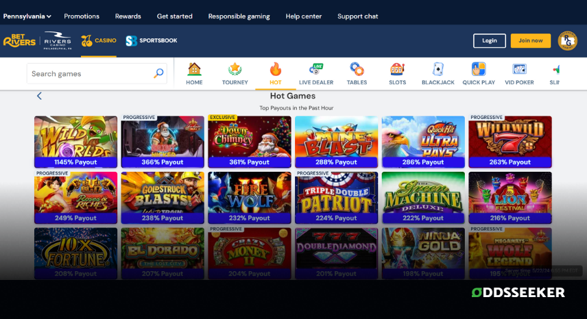 A screenshot of the desktop casino games library page for BetRivers